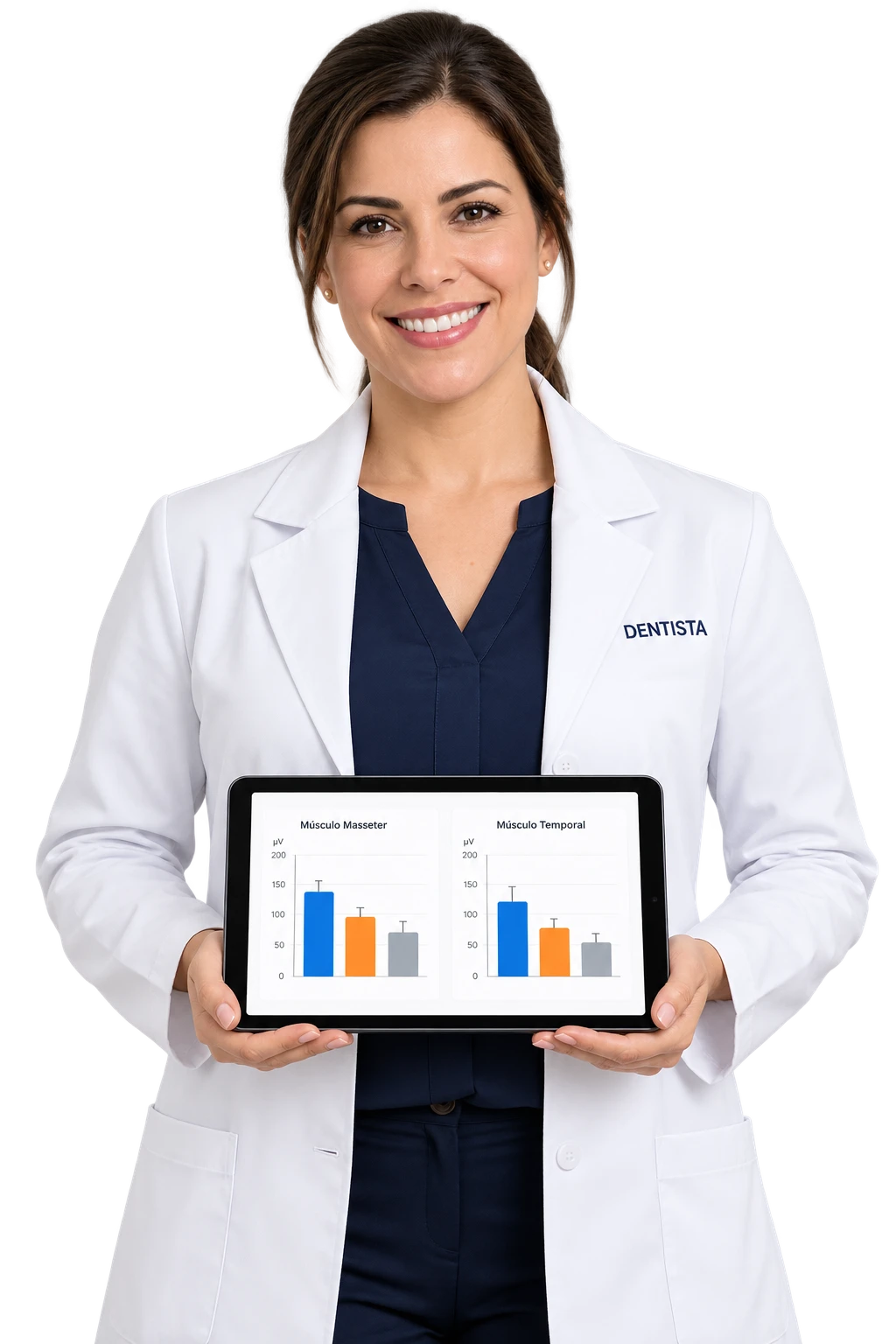 Dentista especialista segurando tablet com dados de avaliação orofacial