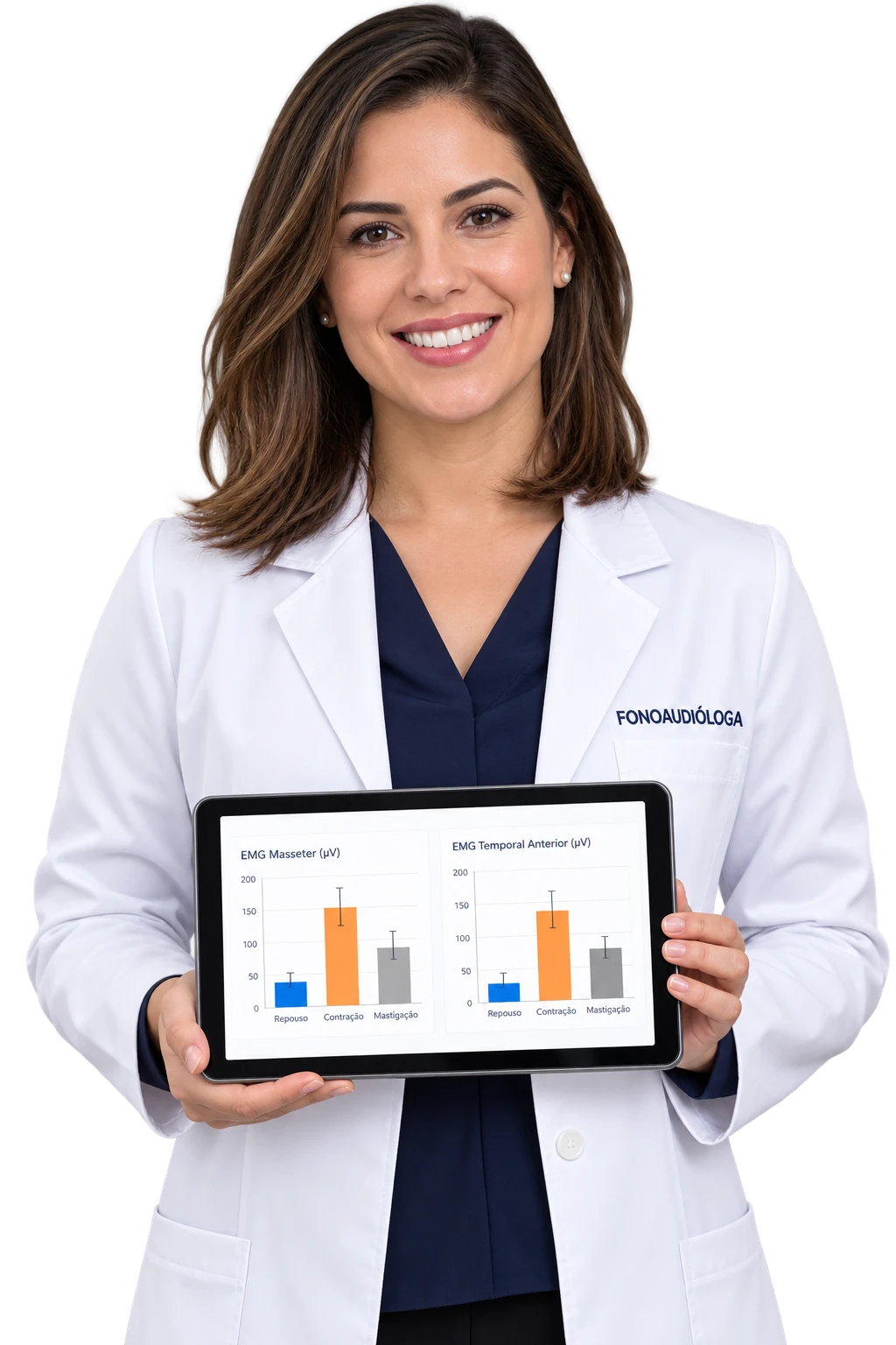 Fonoaudióloga especialista segurando tablet com dados de avaliação orofacial