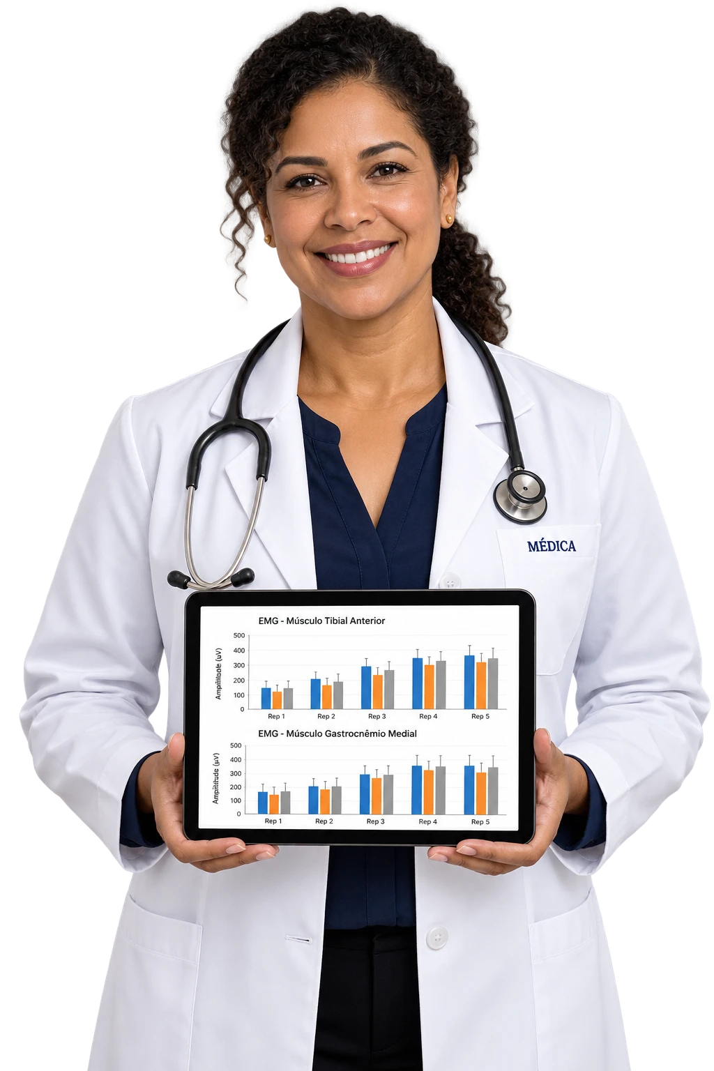 Médica especialista segurando tablet com dados de eletromiografia