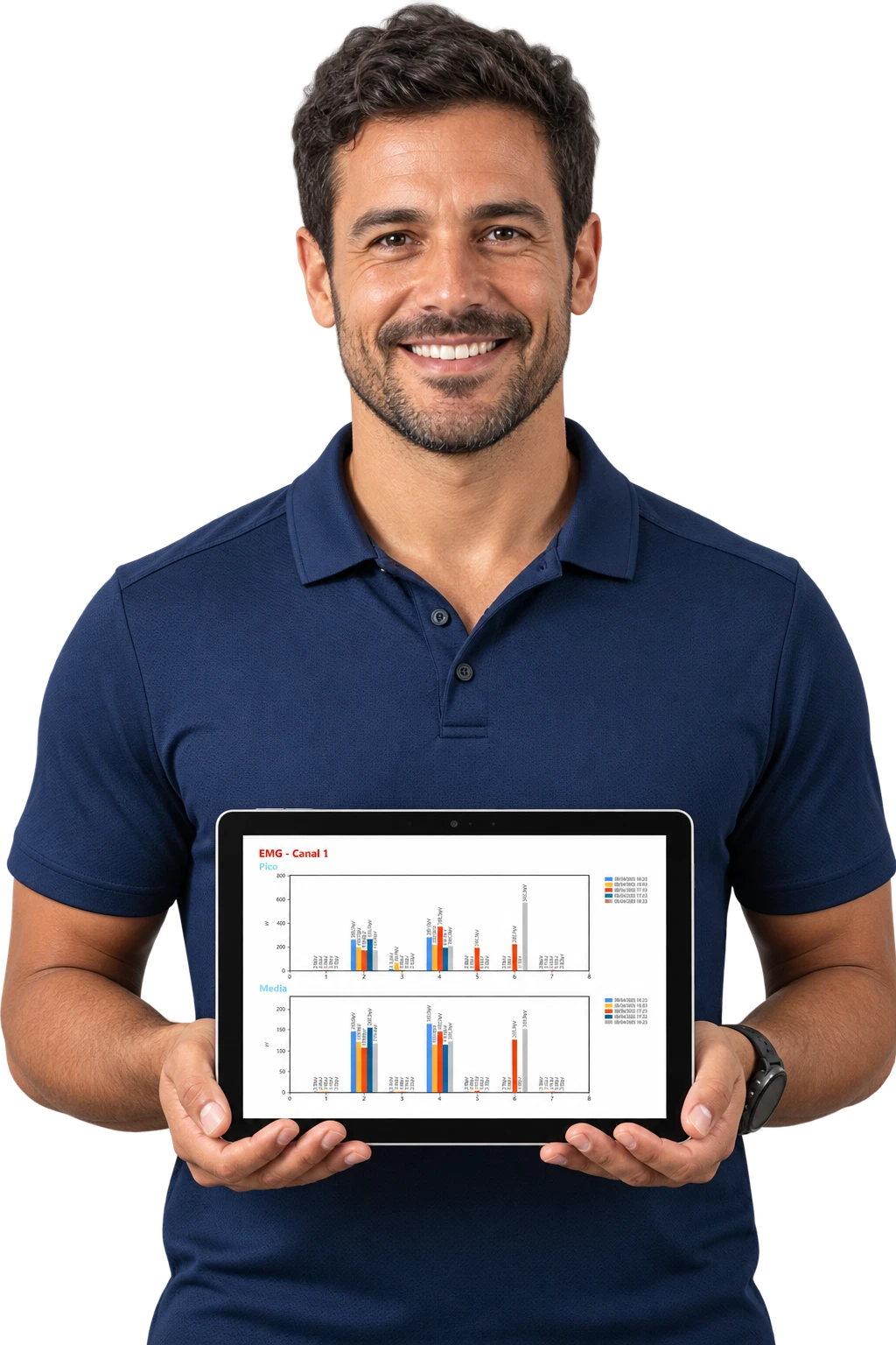 Especialista segurando tablet com dados de avaliação biomecânica