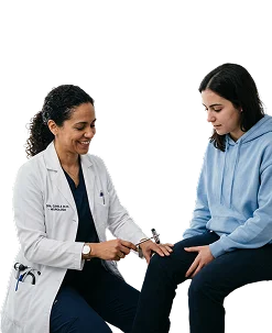 Médica avaliando a resposta neuromuscular de uma paciente