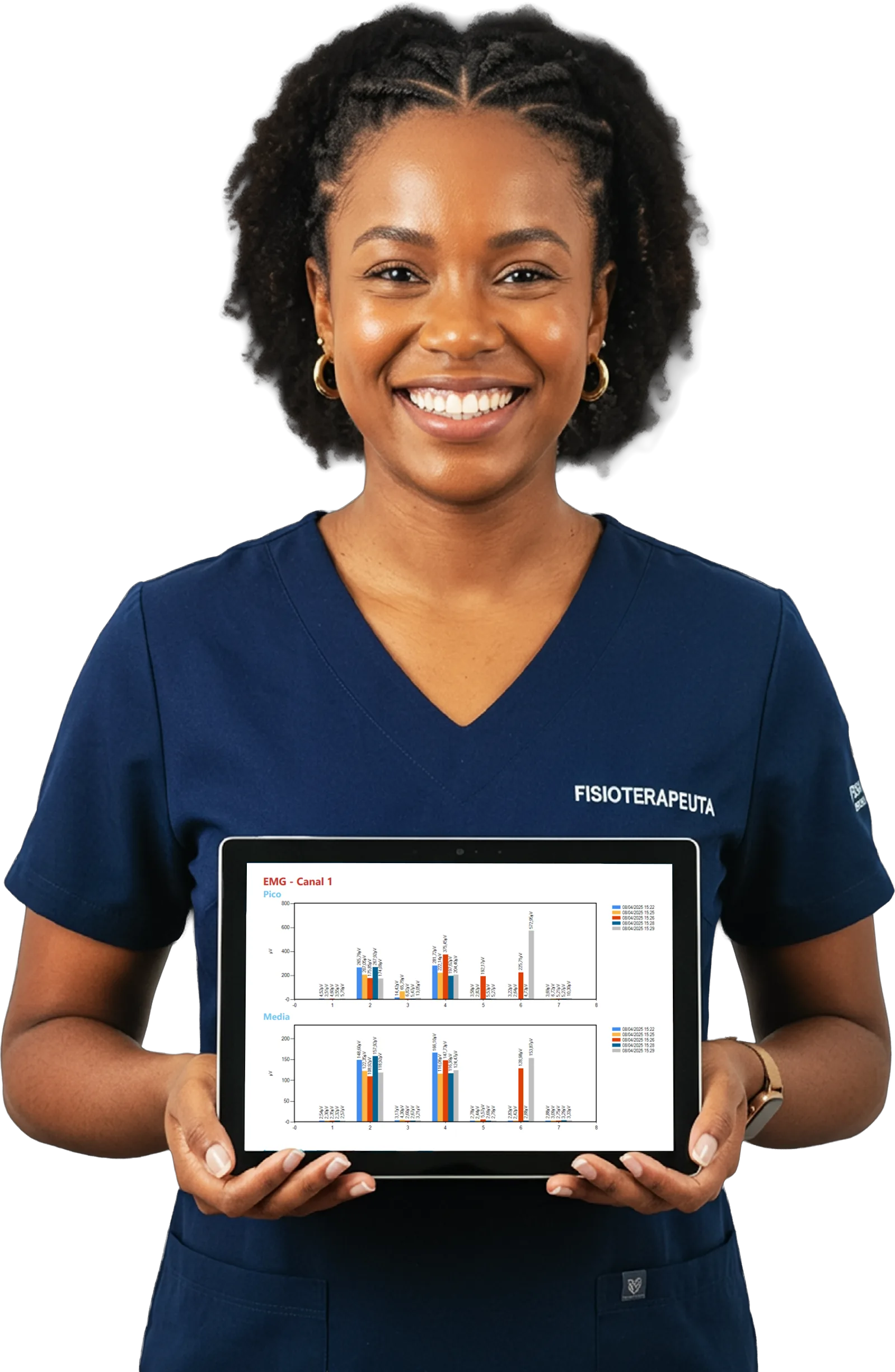 Especialista segurando tablet com dados de avaliação biomecânica