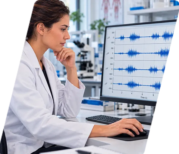 Profissional pesquisando e analisando dados clínicos